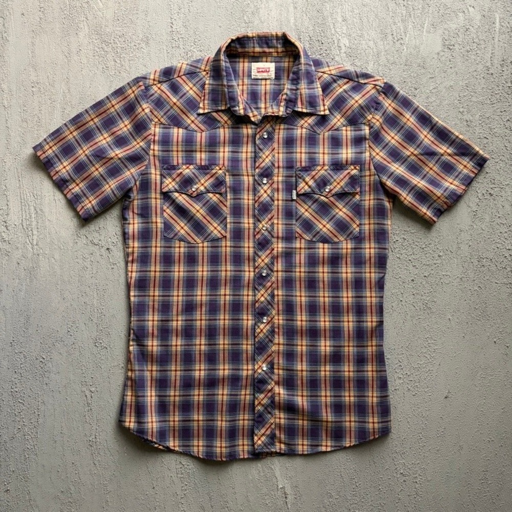 Vintage Levi's Pearl Snap Shirt Medium 1970s Plaid USA Western Short Sleeve